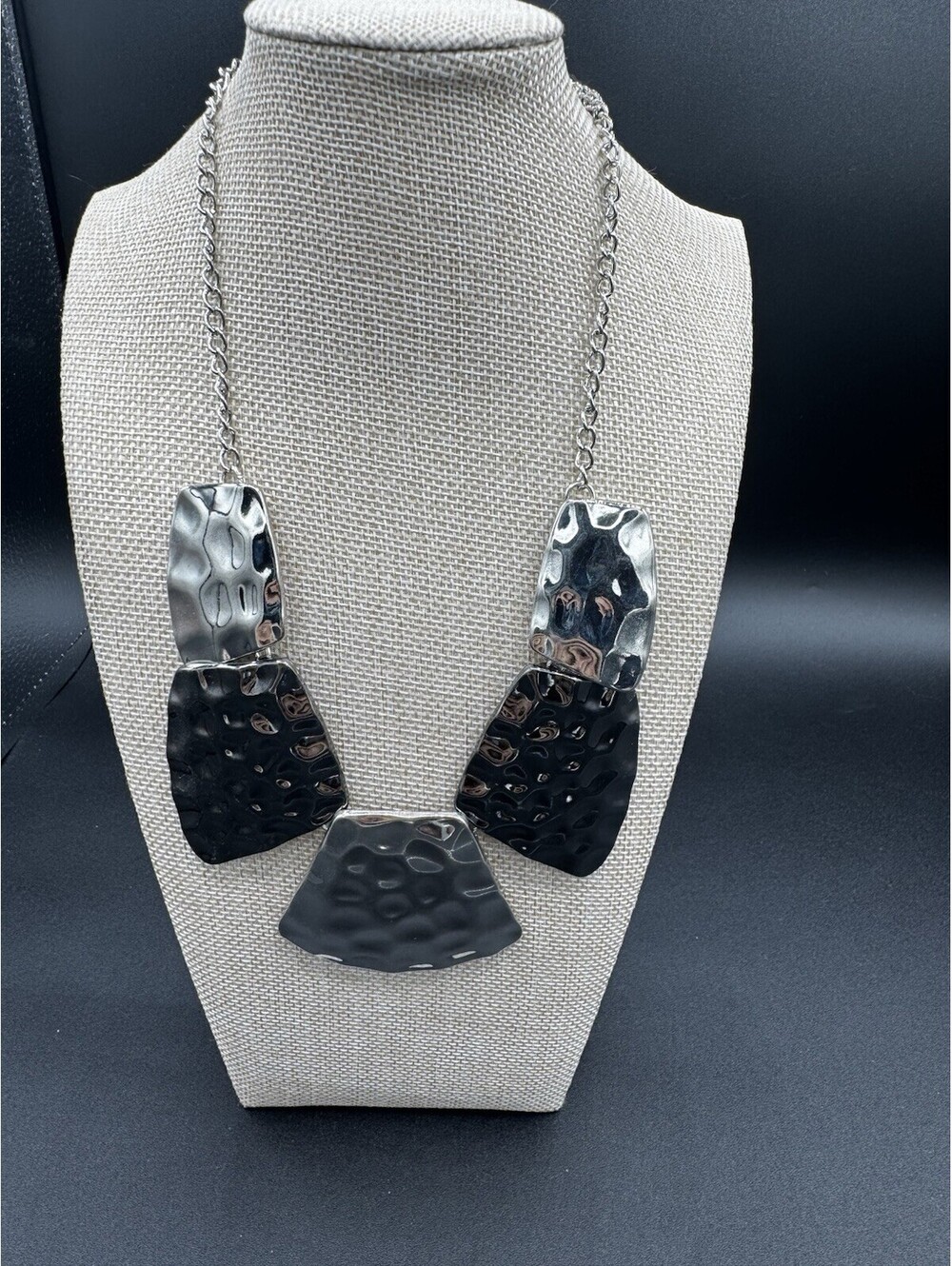 Paparazzi Hammered Silver Black Statement Necklace Set Geometric Jewelry NWT